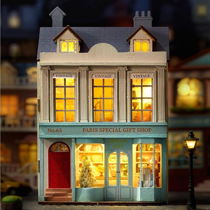DIY Miniature House Kit, CUTEROOM Wooden Dollhouse Kit Mini House Making Kit with Furnitures, DIY Dollhouse Kit Birthday Gift for Women (Gift Shop)
