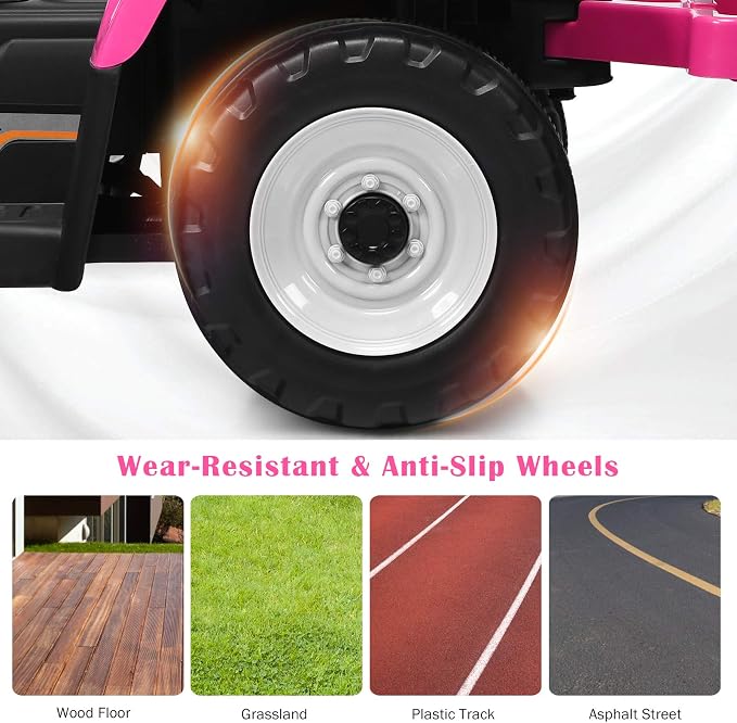 HONEY JOY Ride On Tractor with Trailer, Toddler 3-Gear-Shift Ground Loader, LED Lights, Horn, Music, 12V Battery Powered Electric Toy Tractor with Remote Control (Pink)