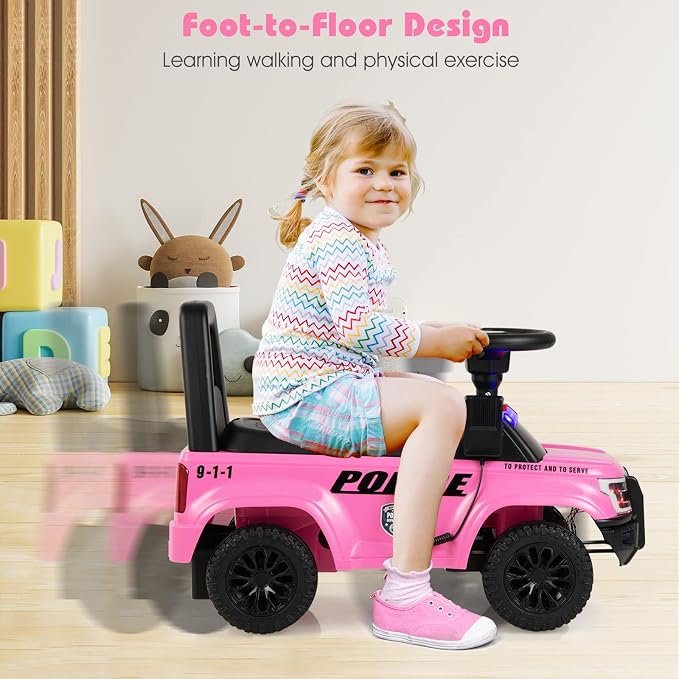 OLAKIDS Ride On Push Police Car, Toddler Foot-to-Floor Sliding Toy with Siren, Steering Wheel, Megaphone, Horn, Headlights, Under Seat Storage, Kids Racer Walking Gift for Boys Girls 1-3 (Pink)