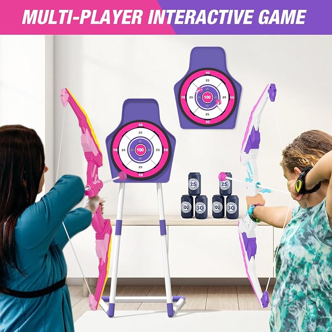 HYES 2 Pack Bow and Arrow for Kids 4-6, LED Light Up Archery Set with 24 Suction Cup Arrows, 1 Standing Target, 6 Score Targets & 2 Quiver, Indoor Outdoor Sport for Girls Ages 8-12