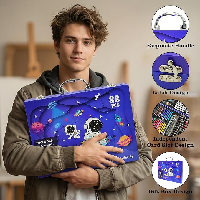 88Pcs Astronaut Markers Set, Drawing Set For Artist, Portable Art Case, Color Pencils, Pressed Powder, Acrylic Marker, Oil Pastels with Case ect