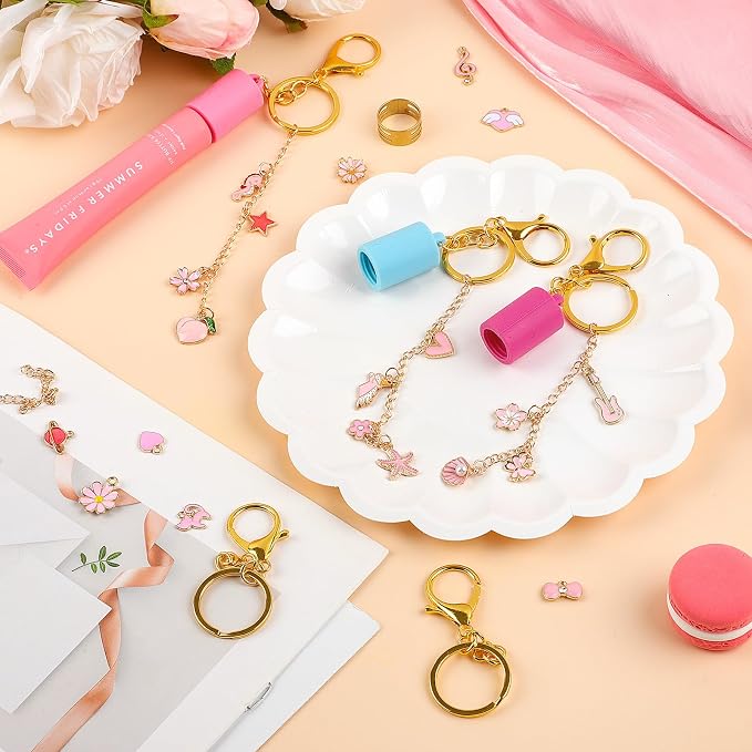 Pengxiaomei 135 Pcs DIY Keychain Making Kit for Women, 4 Pcs Lip Gloss Keychains Cap for Summer Fridays Personalized Mothers Day Gifts Bag Charm Kit with Pink Ornaments Jewelry Accessory