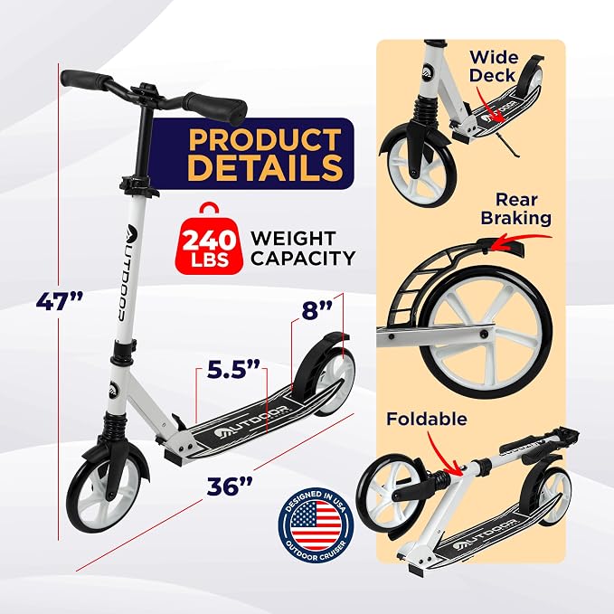 Outdoor Cruiser Kick Scooter for Ages 6+, For Kids, Teens, and Adults, Max Load 250 LBS, Foldable, 8-inch Wheels for Kids and Adults, Dual Suspension, 3 Adjustable Levels, Child Safety Approved, White