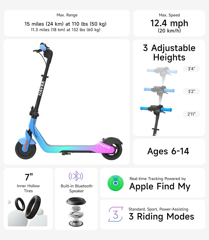 NAVEE K100 Series Electric Scooter for Kids 5-11, Adjustable Handlebar/Speed, Digital Pet, 12.4/9.9/7.5 mph, Safe Brake, Foldable, RGB Lights, Smart APP, Growing Adventurer Gift for Boys Girls, UL2272