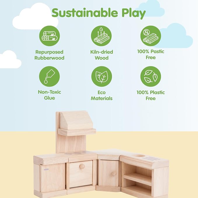 PlanToys® Kitchen Classic Set for Montessori Inspired Role Play | Pretend Cooking, Social Interaction and Practical Life Exploration | Eco Friendly Wooden Kitchen for Imaginative Learning