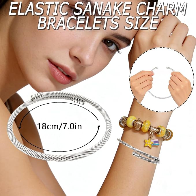 Exway 20 Pcs Elastic charm Bracelet chain Stainless Steel Cable Wire Twisted Cuff Bangle Bracelet Gold And Sliver charm Bracelets Kit for Crafts DIY Women Jewelry Making