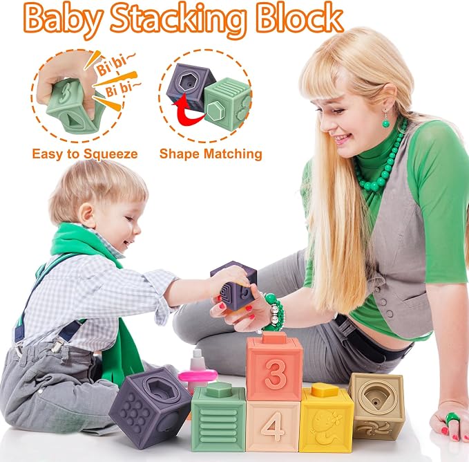 Montessori Baby Toys 6-12-18 Month, Infant Teething Toys Shape Sorter Bin Stacking Cups Blocks for toddlers 1-3, Sensory Educational Learning Toy for 6 7 8 9 10 Month Old Girl Boy 1 2 Year Old Gifts