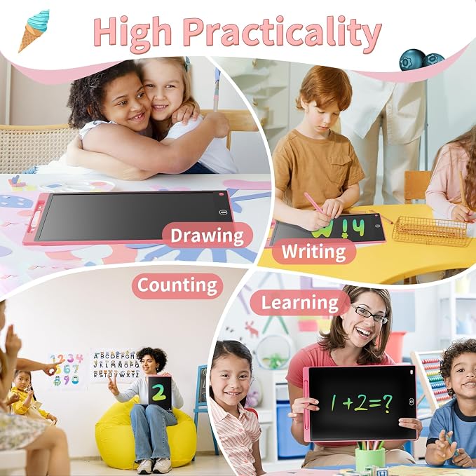 Genialba LCD Writing Board 12 Inches, Colourful Electronic Tablet, Portable Erasable Drawing Board, Graphic Tablet for Children's Games 3 4 5 6 7 Year Old Kid Boys Girls (Pink)