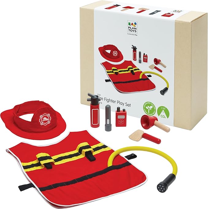 PlanToys® Firefighter Play Set with Pretend Play Rescue Kit Featuring Helmet, Jacket & Tools | Montessori Wooden Toy for Imaginative Role Play, Teamwork & Learning