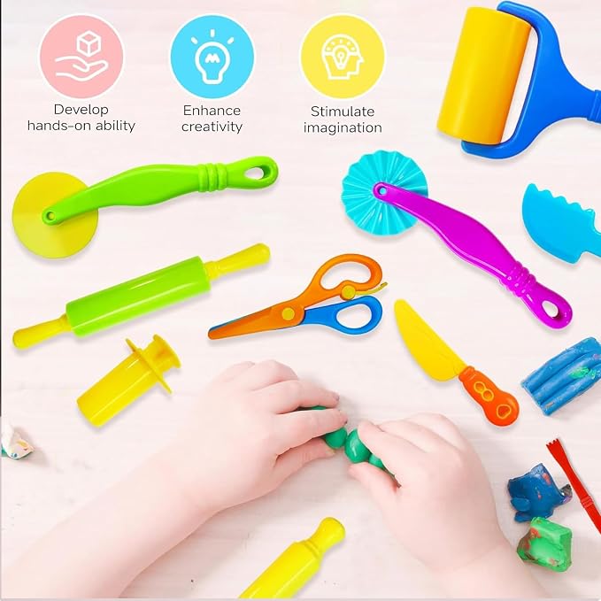 Dough Tool Set, 13Pcs Dough and Clay Play Tools Kit for Kids, Modeling Clay Accessories Includes Safety Scissors, Rolling Pins, Plastic Knife, Dough Extruder & Rollers