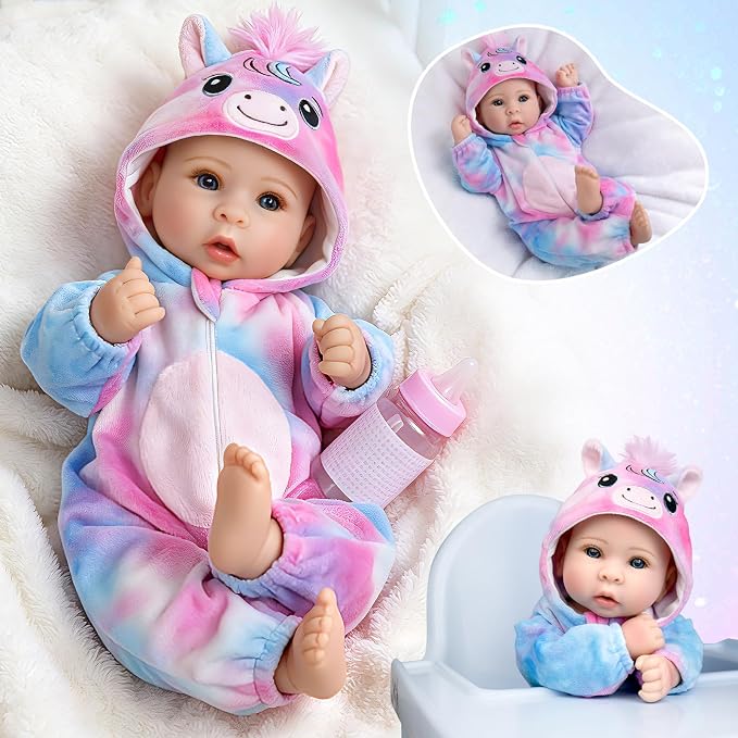 Aori 17 Inch Lifelike Baby Dolls Realistic Baby Girl Doll with Soft Lightweight Body, Colorful Pony Outfit & Feeding Accessories, for Girls Age 3+