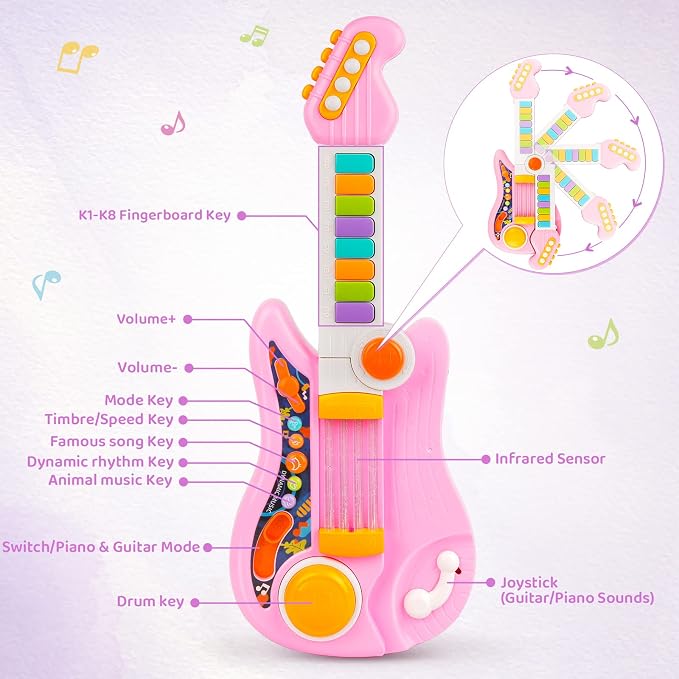 Kids Guitar 2 in 1 Musical Instruments for Kid - Fun Piano Toddler Toy & Electric Guitars | Explore Creativity | Unleash Child’s Talent, Music Toys for Boys & Girls (Pink)