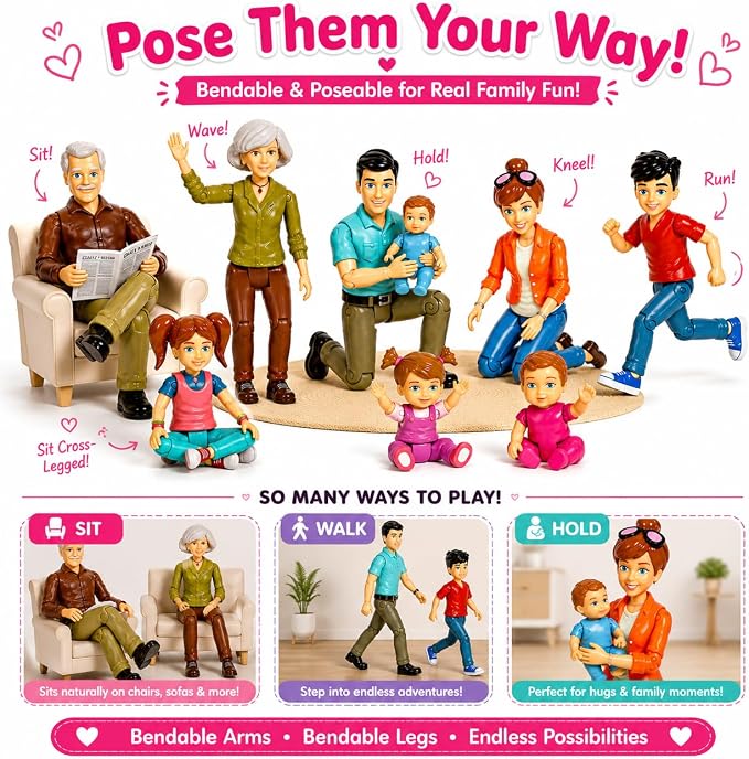 Beverly Hills Sweet Li’l Family Bendable Mini Dollhouse Figures | Set of 9 Grandpa, Grandma, Mom, Dad, Sister, Brother, Toddler, Twin Boy & Girl Pretend Play (1:12 Scale)