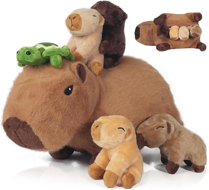 Youthfuljive 5 in 1 Capybara Plush 14.2" Capybara Stuffed Animal with Babies Inside, Mommy Stuffed Capybara Plushies Pillow Toys with 4 Baby Capibaras Peluches for Kids Birthday Party Decor