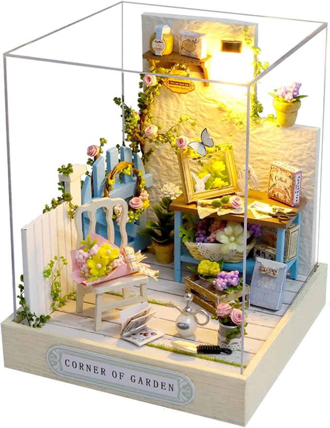 CUTEROOM DIY Doll House Miniature Furniture Wooden House Kit with Dust Cover & LED Light and Accessories - New Three Styles QT Series Dollhouse (QT033)