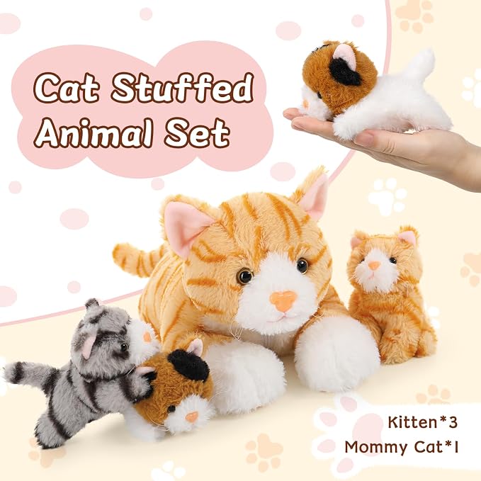 Muiteiur 4 Piece Cat Stuffed Animals, 15.7 inch Mom Plush Cat with 3 Kittens Stuffed in Zipper Pouch, Cute Yellow Mom and Baby Stuffed Cats for Kids Girls Boys
