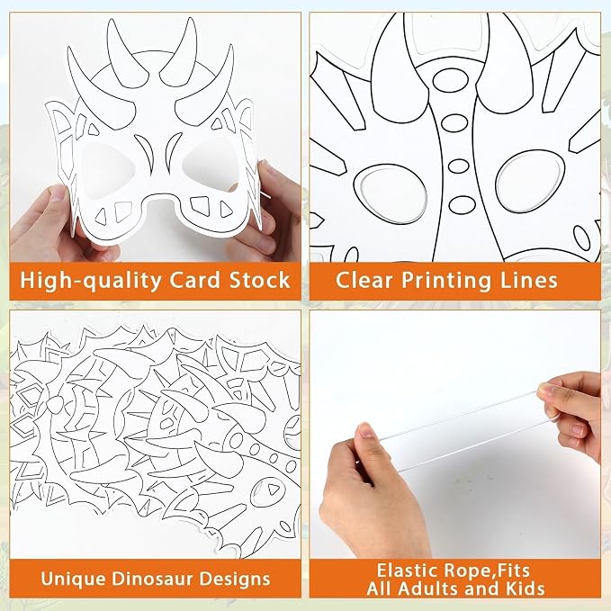 Lonfliness 36 Set Dinosaur Coloring Mask Dino Paper Arts Crafts Color Your Own Dinosaur Blank DIY Mask Masquerade Birthday Party Dress-Up Decorations Favor Activity Game Supplies