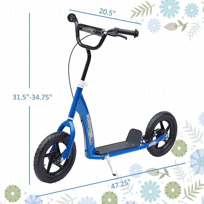 HOMCOM Kick Scooter for Kids 5-12 Years Old, Big Wheel Kids Scooter with Adjustable Height Handlebar, 12" EVA Tyres, Non-Slip Footplate, Rear Brake