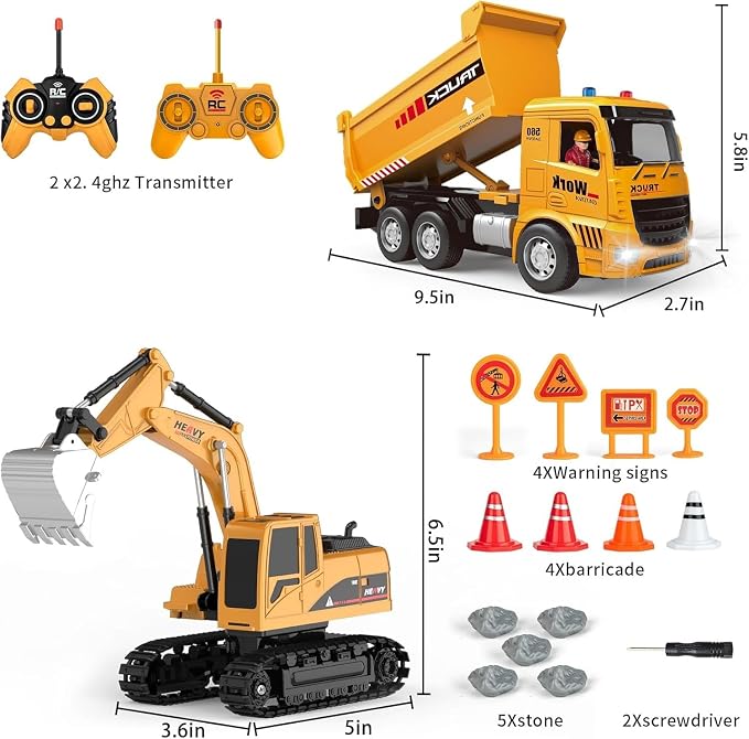Remote Control Excavator and Dump Truck Toy Set - RC Construction Vehicles Toy with Barricades, Road Signs, Simulated Rocks, Lights and Sounds, Birthday Gifts for Toddlers 3-12 year Boys Girls