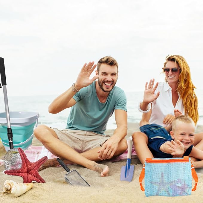 10 Pack Beach Toys Set Adjustable Extra Long Sand Sifter Mesh Shovel Mesh Beach Bag for Kids Foldable Beach Bucket Beach Shovel Sand Toys for Shells Collecting Shark Tooth Beach Toys