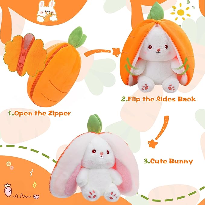 MIAODAM Cuddly Bunny Stuffed Animal, Kawaii Squishy Cute Easter Bunny Plush Turn Into Rabbit Fruit Doll Carrot Strawberry, Plushies Funny Bunny Toy for Kid (Carrot Rabbit, 10inch)