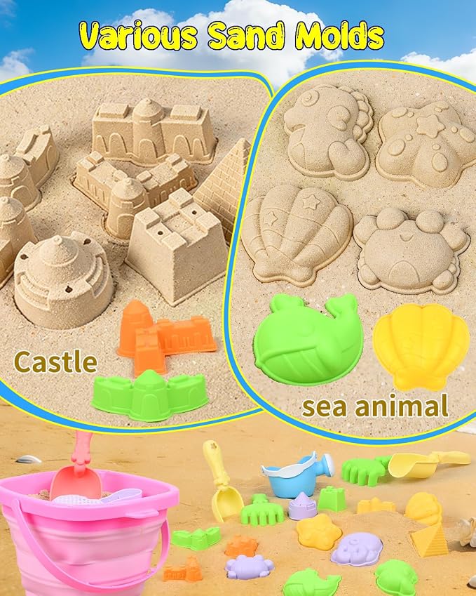 Collapsible Beach Sand Toys for Kids Toddlers with Sand Bucket, Marine Animal Molds, Castle Building Molds, Shovels, Storage Mesh Bag, Travel Sand Toys for Boys Girls (23PCS ( 2 Sand Buckets ))