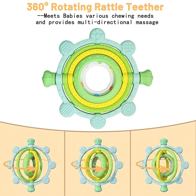 Rotatable Baby Teething Rings Rattle Toys for Infants 3-12 Months, Silicone Baby Teether Sensory Toys with Raised Textured Bumps, Safe & Soft for Chewing, Teething Relief, Soothing Sore Gums, BPA-Free