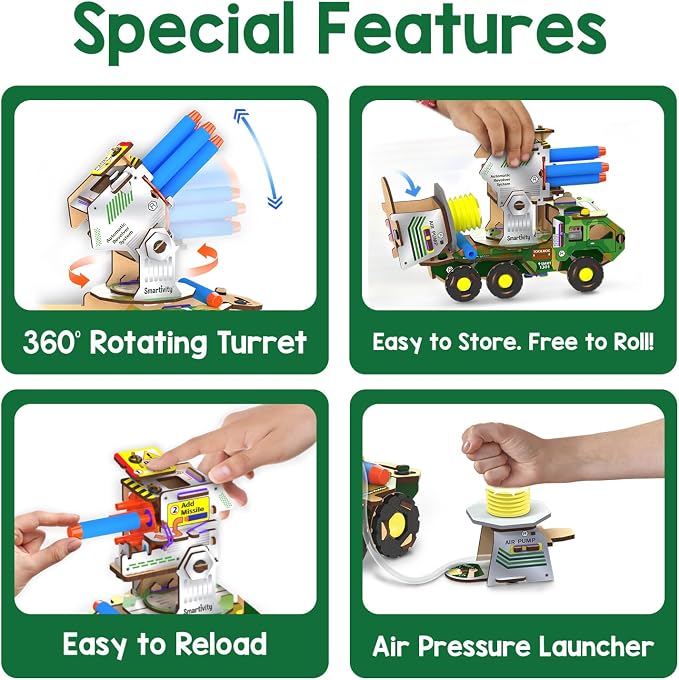 Smartivity DIY Missile Truck for Kids | Build Your Own Military Vehicle with Air-Powered 360° Rotating Launcher & 5 Foam Missiles | STEM Engineering Toy | Birthday Gift Boys & Girls 8 9 10 11 12 13 14