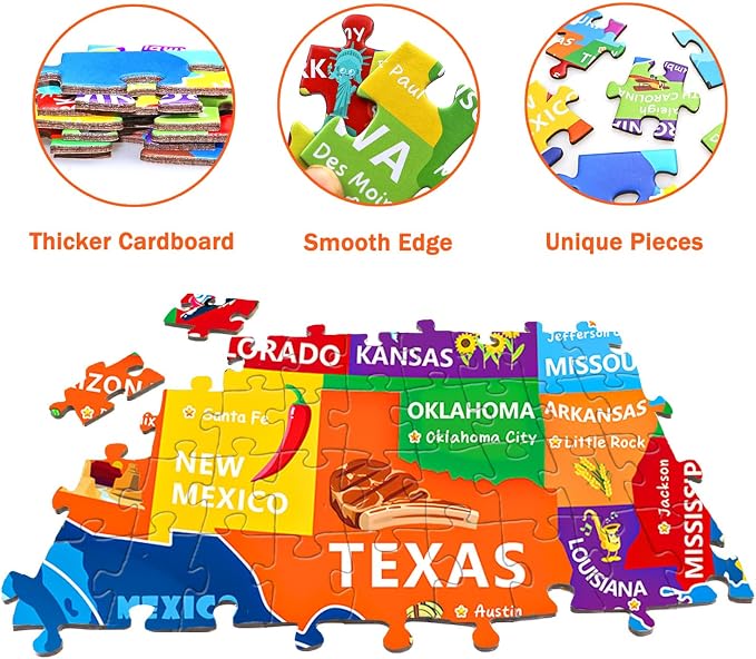Puzzles for Kids Ages 6-8 8-10 10-12 Year Old - 200 Piece Jigsaw Puzzles for Kids Aged 6 to 12 - United States Puzzle - Colorful Children Puzzles for Girls and Boys Educational Toys