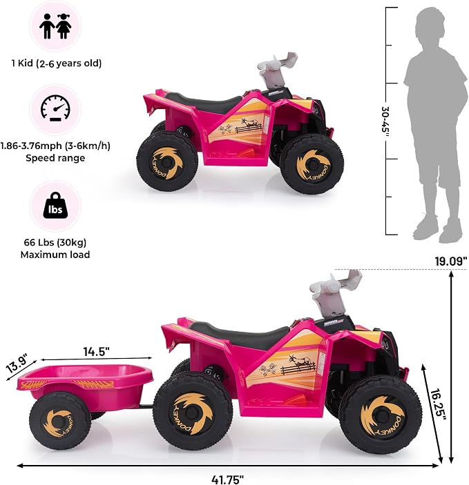 TOBBI 6V Electric Kids Ride On Toy Car with Trailer, Toddler 4 Wheeler Powered Vehicle to Drive with Music/Battery Volume Display for Children Age 3-6 -Rose Red
