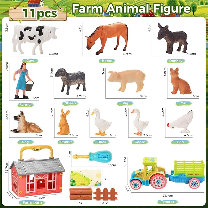Farm Animals Toys for Kids 3+, DIY STEM Take Apart Tractor & Animal Figures, Montessori Farm Set with Barn Storage Case