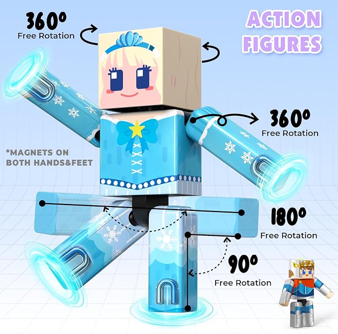 Mini Magnetic Tiles with 2 Little Action People, Light Up Frozen Tiles with Magnetic Action Figures for Princess Castle, Micro Magnet Portable Travel Toys for Kids, STEM Building Gifts for Boys Girls