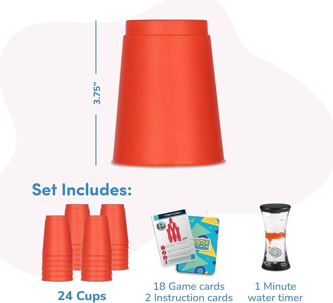 Gamie Stacking Cups Game for Kids - Set Includes 24 Cups, 18 Fun Challenging Cards, and Water Timer - Family Games for Kids and Adults, Indoor Recess Game for Classroom, Gifts for Boys and Girls