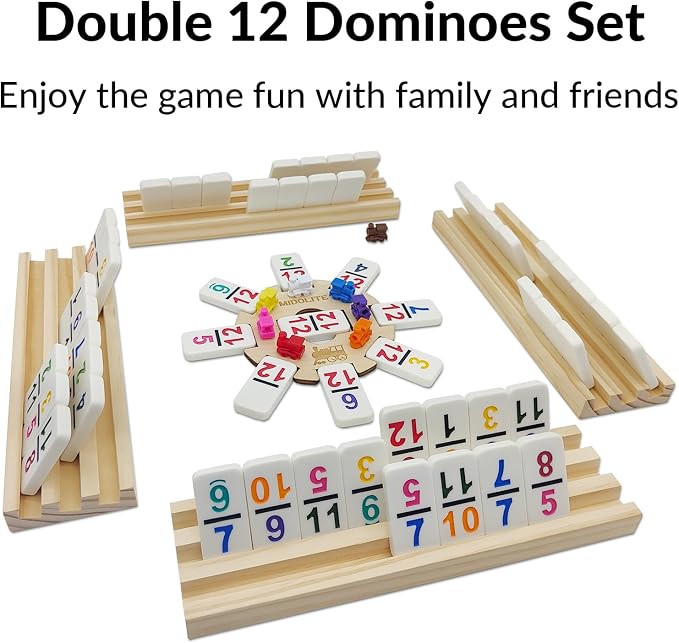 Mexican Train Dominoes Set with Numbers and 4 Wooden Racks, Double 12 Domino Travel Set with Wooden Hub, 91 Colored Domino Tiles Game Set with for Family Game Night