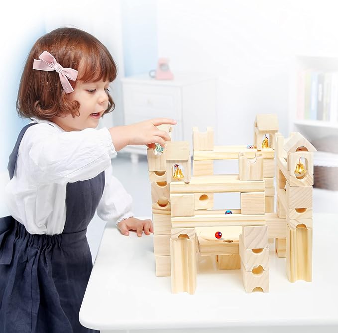 Wooden Marble Run for Kids Ages 4-8, 80 Pieces Wood Building Blocks Toys and Construction Play Set, Marble Track Maze Game STEM Learning Toys Gifts for Boys Girls (80pc Set)