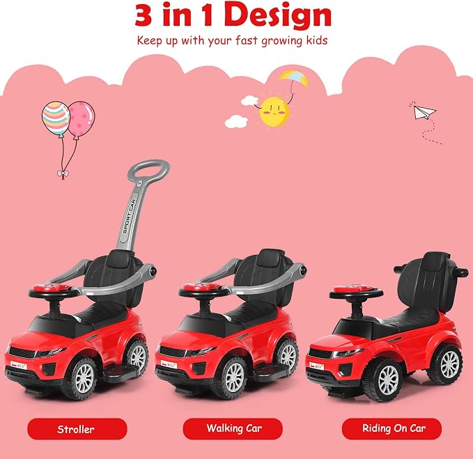 Costzon 3 in 1 Ride on Push Car, Stroller Sliding Walking Car with Horn, Music, Light, Under Seat Storage, Parental Handle, Armrest Guardrails, Ride on Toy for Boys & Girls (Red)