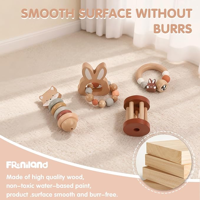 FReniland Wooden Baby Toy Set, Montessori Grasping Toys for Infants 10M+, Bunny & Bear Themed Natural Wood Sensory Toys, Fine Motor Skill Development Gift for Boys & Girls