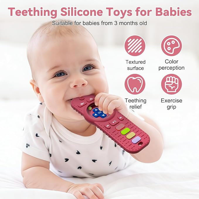Baby RattlesTeething Toy for Babies 3-6-12 Months, Teething Relief, Silicone Infant Teethers TV Remote Shaped, Toddlers Sensory Toys, Newborn Must