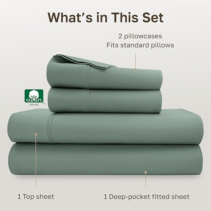 California Design Den Soft 100% Cotton Bed Sheets Full Size Set, 400 Thread Count Good Housekeeping Award Winner, Silky Sateen with Deep Pockets, Long Staple Cotton Full Bed Sheet Set - Sage Green