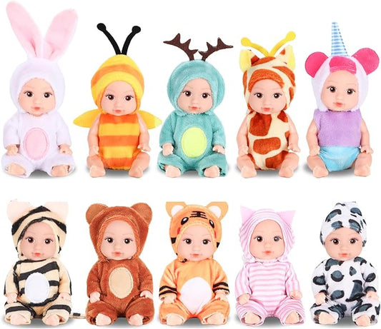 Vueos 10 Pcs 4 Inch Mini Baby Dolls Playset Lifelike Realistic Baby Dolls with Handmade Animal Clothes Cute Small Baby Doll Gifts Set for Toddlers Girls Kids 3+