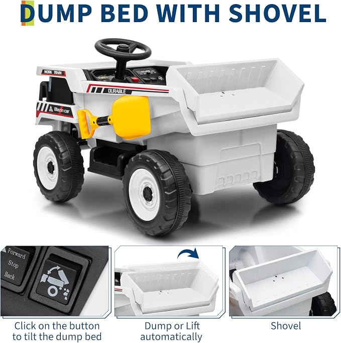 Garvee 12V Ride On Dump Truck for Kids, Ride On Car with Remote Control, Construction Vehicles with Dump Bed & Shovel, Ride-On Toys 16.5 in Spacious Seat, Music, Headlights, Soft Start, White