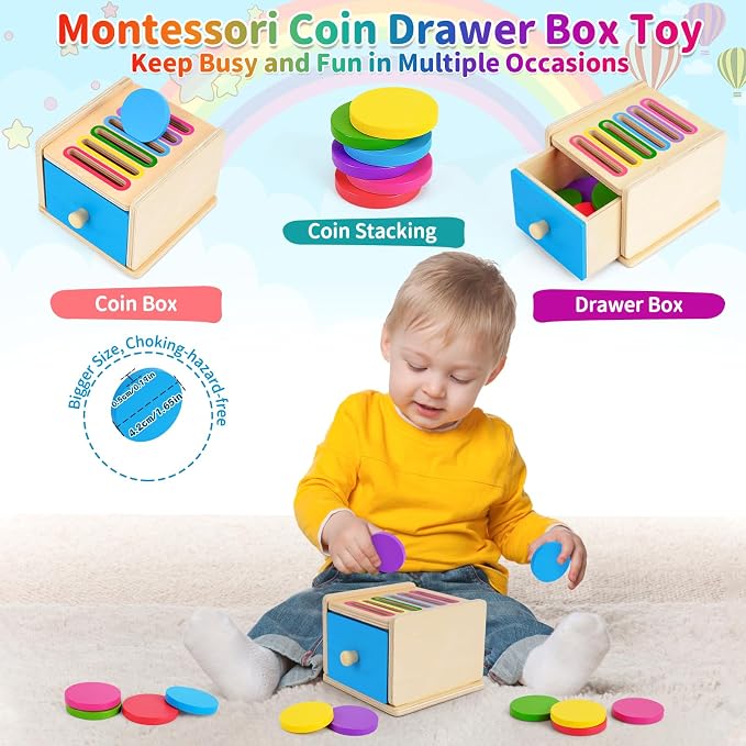 FCSONU Toddlers Montessori Coin Box Toys for 1 2 3 Year Old Boys Girls, Drawer Box Toy for Ages 2-4 Kids, Learning Color Sorting Sensory Toys, Easter Birthday Gifts for Baby 12-18 Months