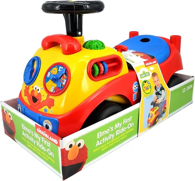 Kiddieland My First Activity Ride-On Elmo, Light & Sound Foot-to-Floor Toy with Interactive Dashboard, Seat Storage, Push Handle, Steering Wheel, Ages 12–36 Months