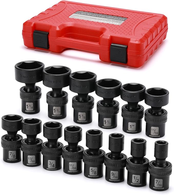 MIXPOWER 1/2" Drive Shallow Impact Universal Joint Swivel Socket Set, SAE, 7/16" to 1-1/4", Shallow, Flexible Wobble, Chrome Molybdenum Steel, 14 Pieces Set