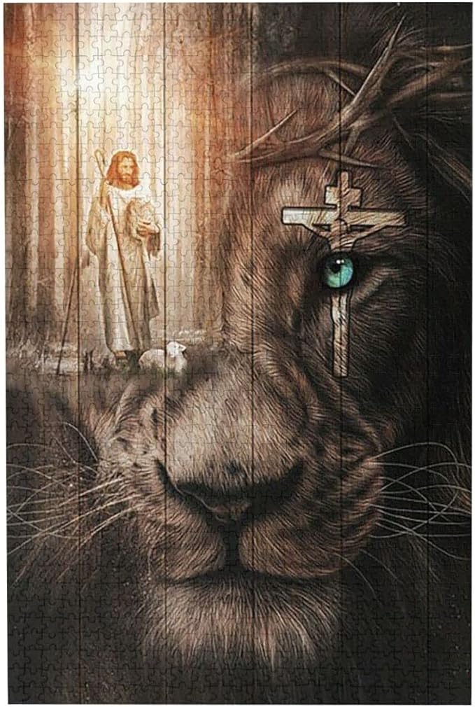 Jesus Awesome Lamb Lion and Cross On His Eye Jigsaw Puzzle 1000 Piece Wooden Puzzle Family Decorations, Unique Present Suitable for Children and Adults