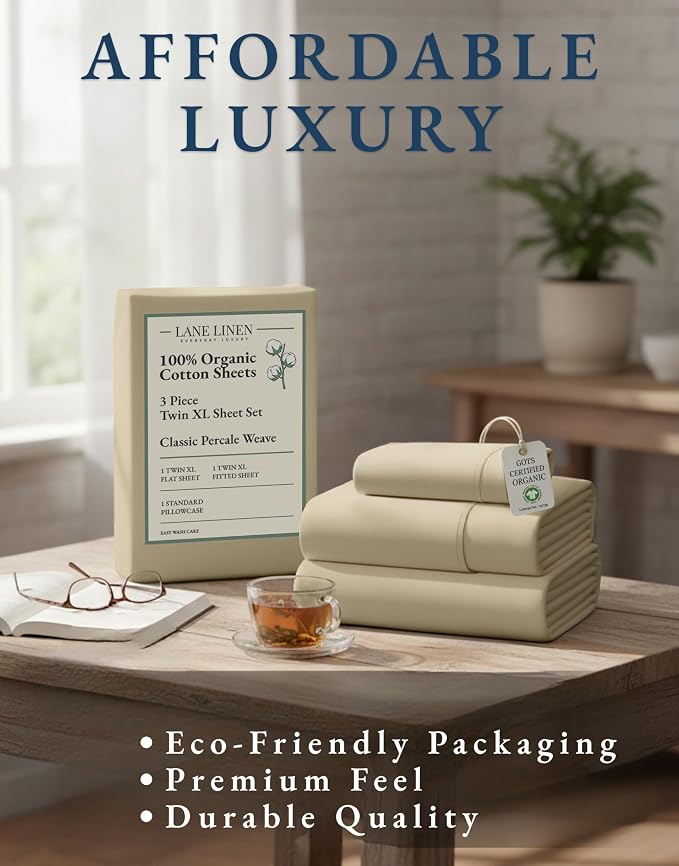 LANE LINEN Twin XL Sheet Set 100% Organic Cotton 3pc Percale Soft - Linen | GOTS Certified Organic Cotton Percale Twin XL Sheet Set - For Hot Sleepers, All-Season Comfort, For Dorms & Adjustable Beds