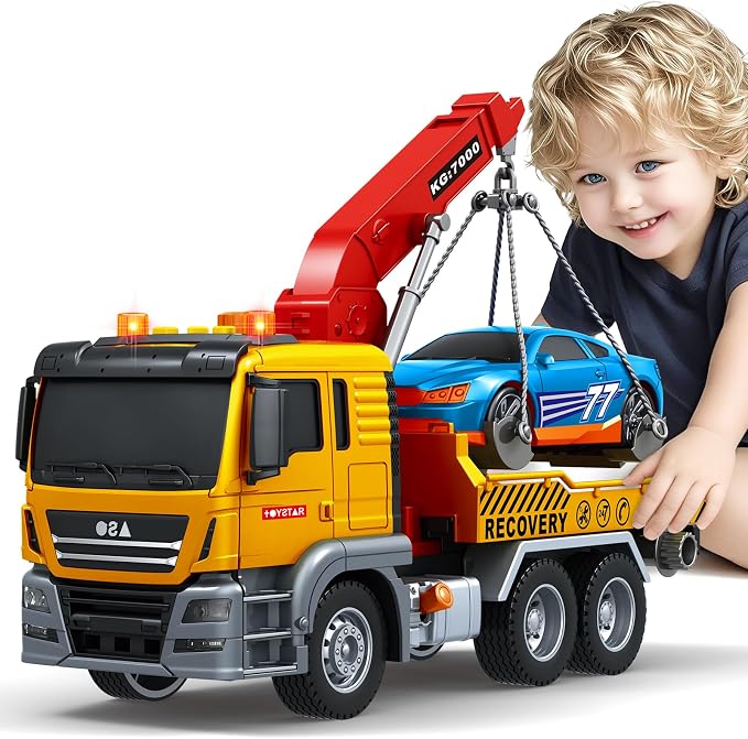 SpringFlower Tow Truck Toy, 3 4 5 6 Years Old Boy Toddlers Truck Vehicle, 12" Large Tow Toy with Racing Car Light Sound, Birthday Gifts for 3 4 5 6 Boys & Girls