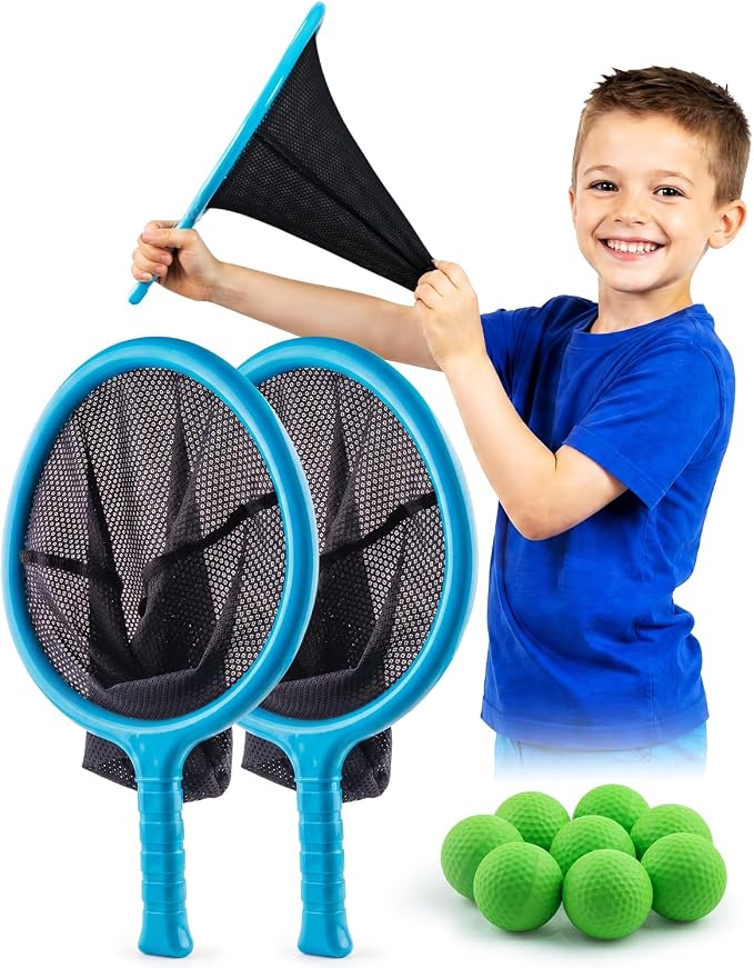 Slingshot Scoop Ball Set, Shoot and Catch Game Set with 2 Oversized Scoop Nets & 8 Foam Balls, Outdoor Toys Yard Pool Beach Games for Kids Ages 5-12, Birthday Gifts for Boys Girls