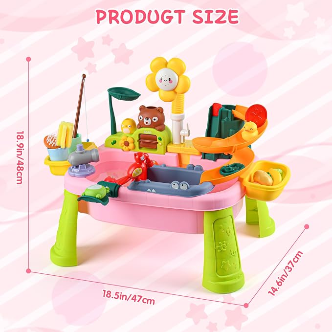 Kids Sand Water Table — 4-in-1 Kitchen Sink Toy with Battery-Powered Water Pump, Faucet, Play Food & Fishing Set, for Boys & Girls Age 3+ (Pink-Sunflower)