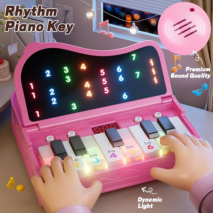 Piano for Kids, Piano Keyboard Learning Toys for Kids Boys Girls Ages 3 4 5 6 7 Year Old, 7 Modes Educational Toy Keyboard Piano with Light-Up Keys, Travel Piano Toy Music Rhythm Machine Birthday Gift